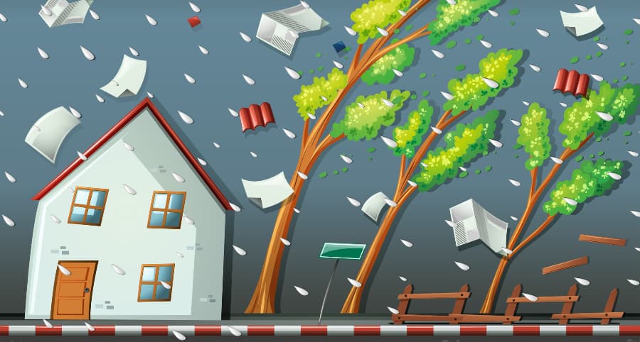 Illustration of a storm striking a residence and the surrounding environs