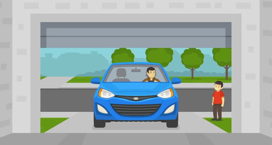 Image of a homeowner driving into the garage with a child waiting nearby.